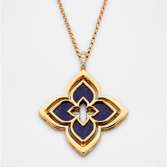 Roberto Coin Look-alike Blue Lapis & Gold Plated Pendant with Quatrefoil Design - Picture 1 of 9